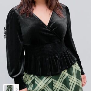 Glitter velvet v neck ruffle long sleeve top